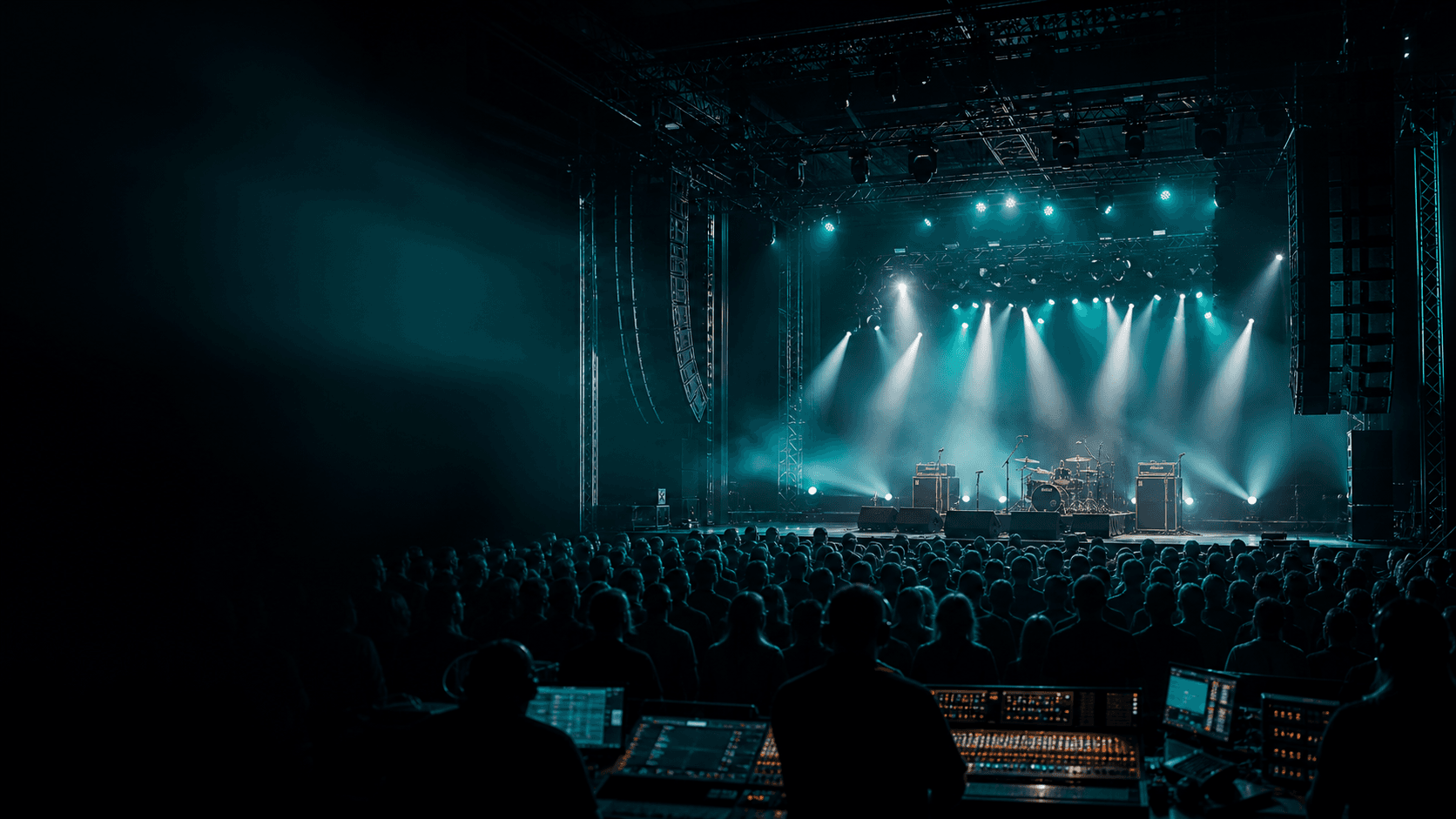 Live room with stage lighting and production infrastructure